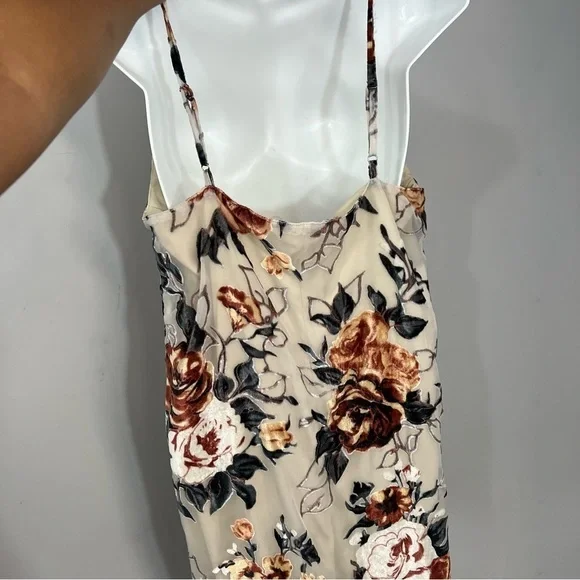 Vintage tan silky blend velvet burnout mini floral damask slip dress boho chic - Picture 4 of 7